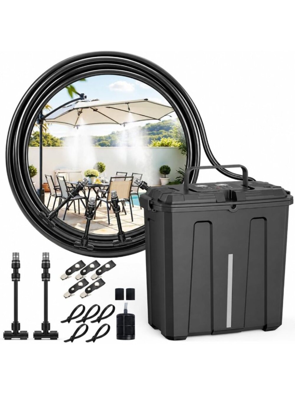 Portable Misting System for Outdoor Cooling - Rechargeable Pump, 26FT Hose, 9L